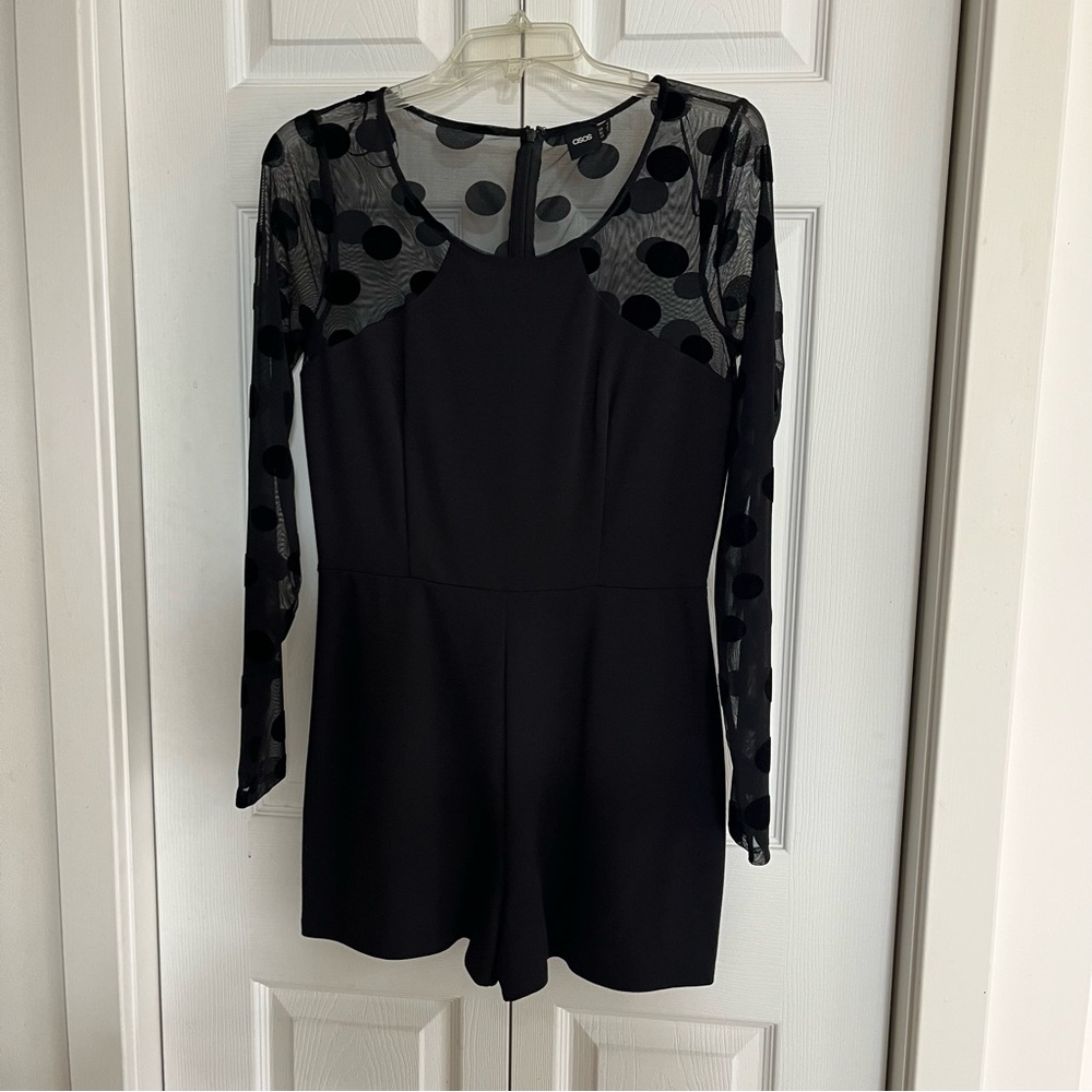 ASOS Black Sheer Long Sleeve Polka Dot Romper